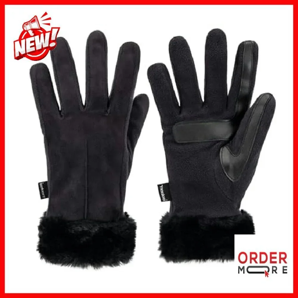 Water Repellent Touchscreen Gloves Faux Fur Cuff Fleece Lined Stretch Fit